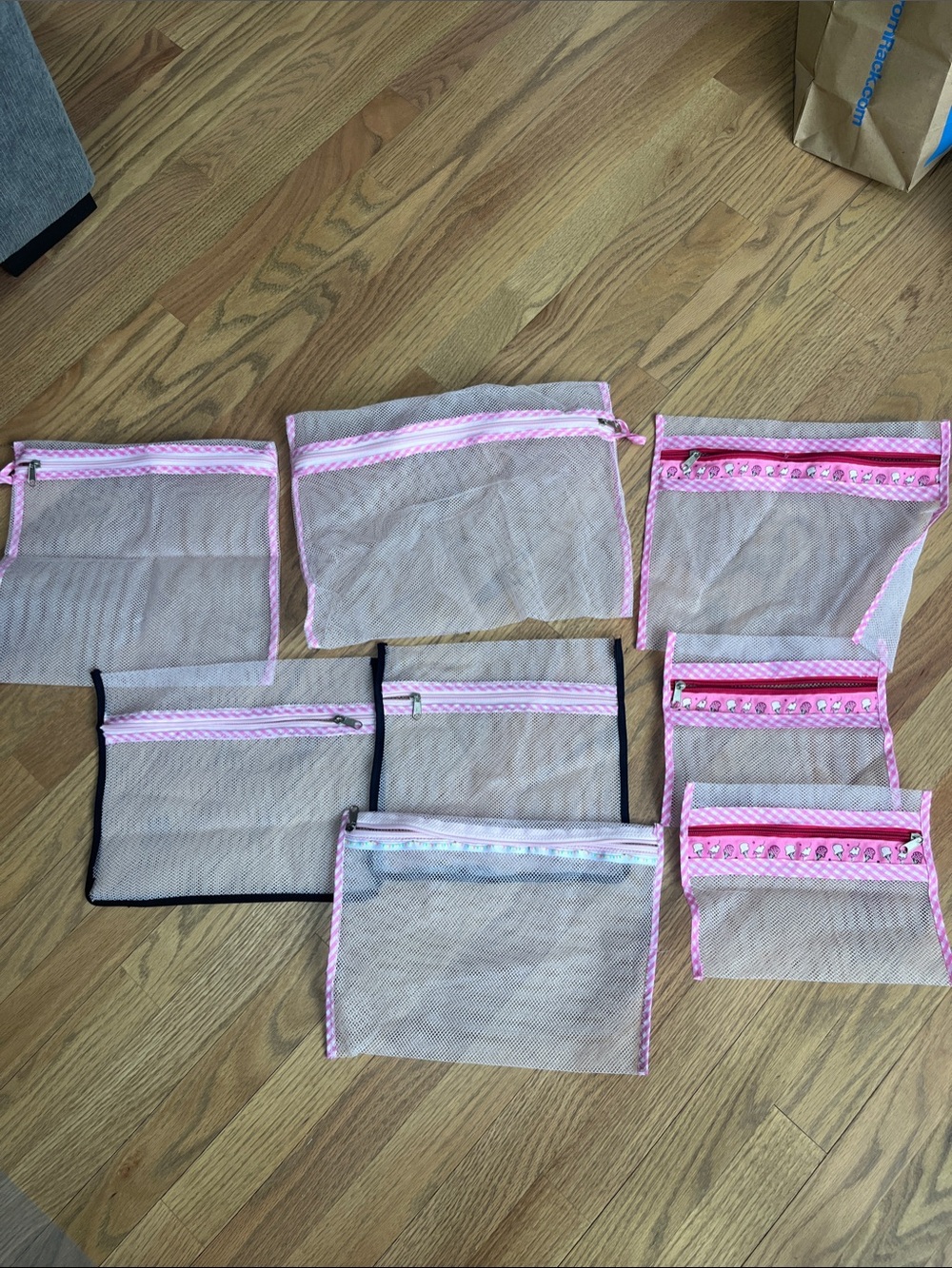 Set of Pink-Trim Mesh Travel Pouches - 8 Pieces